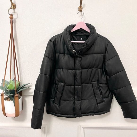 7 for All Mankind Faux Leather Puffer Black Jacket Size M 69754 - Picture 2 of 6